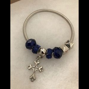 (3 for $12) Blue Bead Silver Cross Bracelet